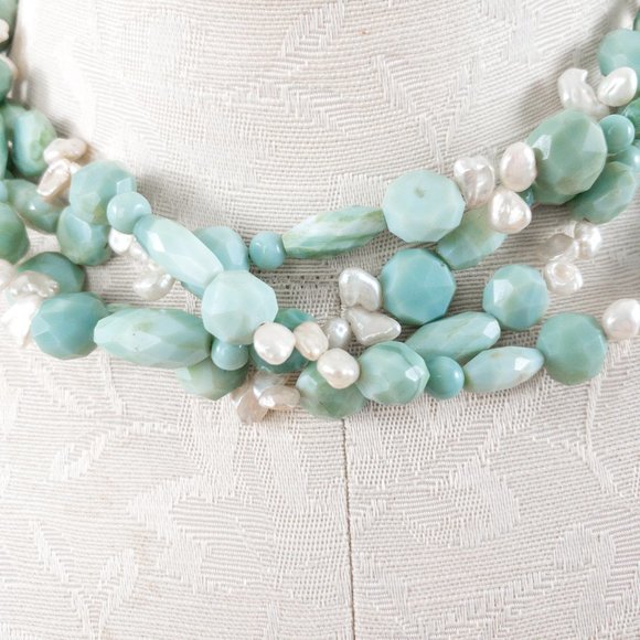 Real Amazonite Quartz & Pearl Multi-strand Necklace  Choker Green Blue Turquoise - Picture 3 of 6